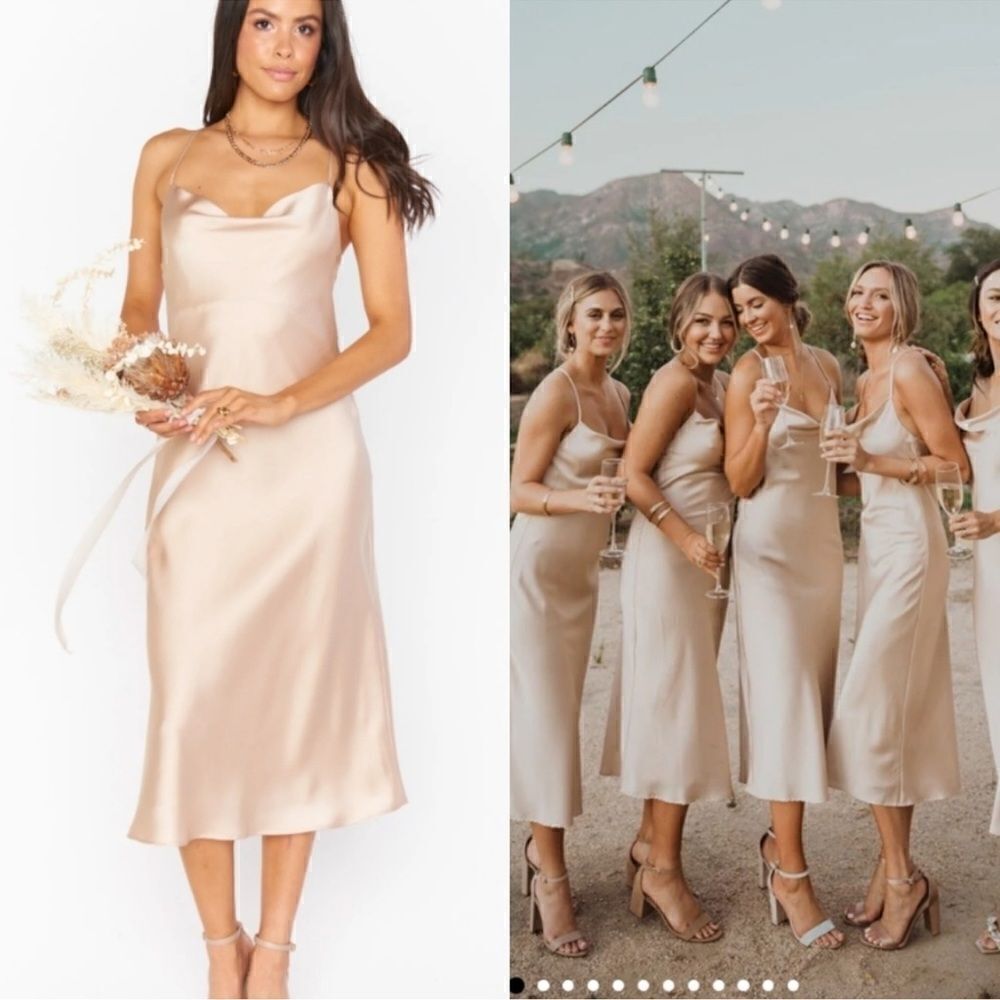 Show Me Your Mumu Verona Cowl Satin Midi Dress in Champagne Size Large